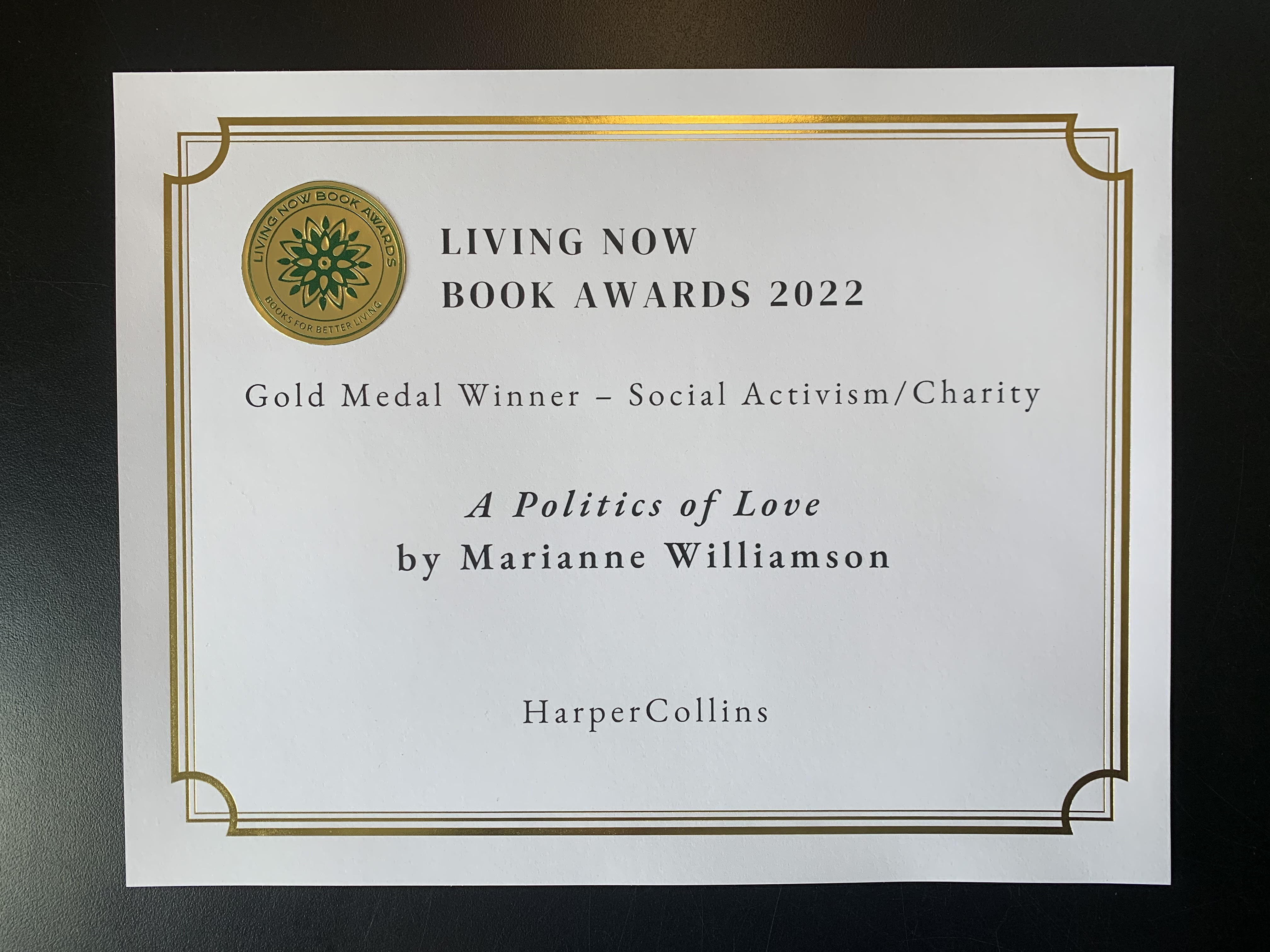 Living Now Award Certificate